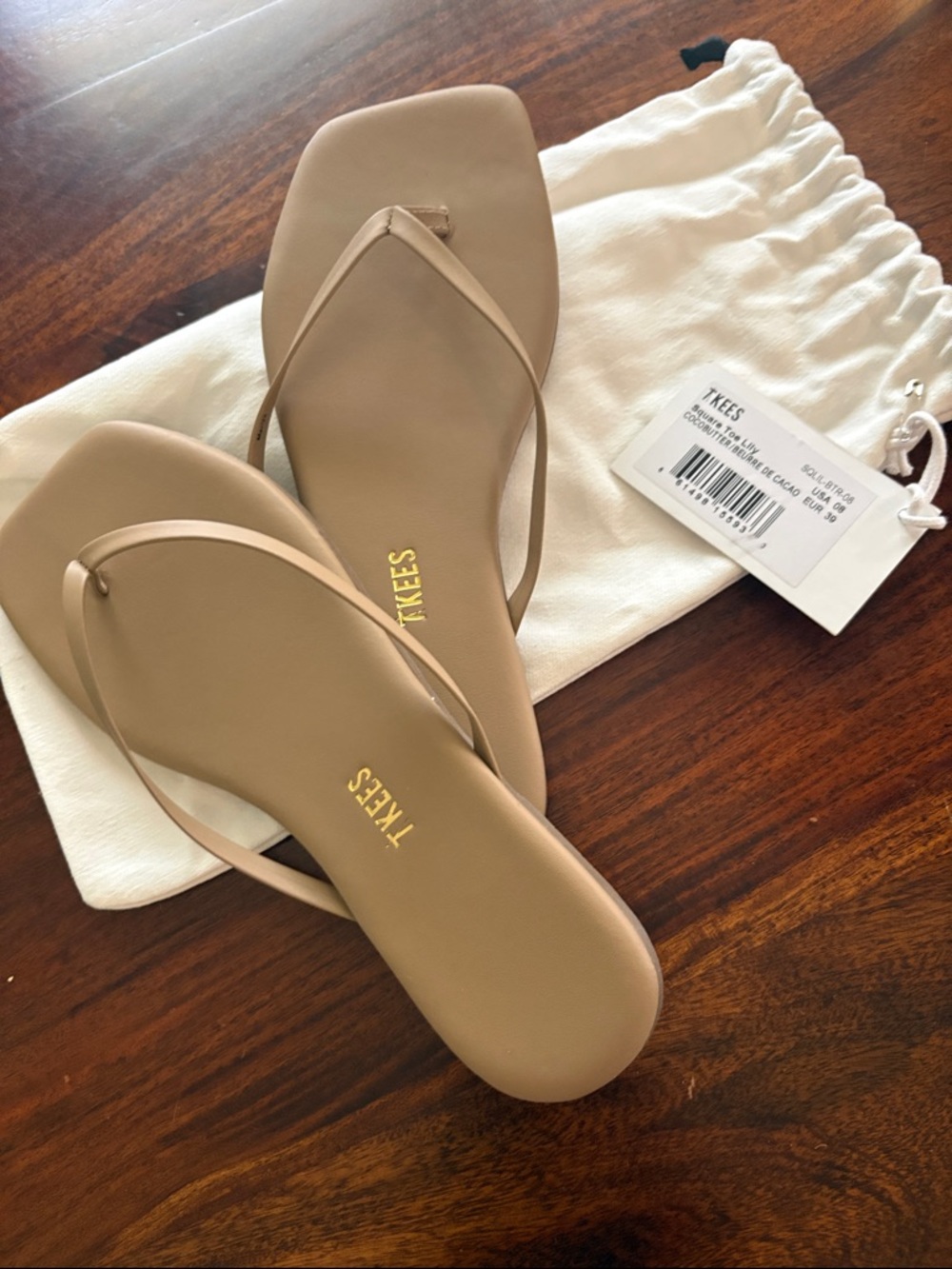TKEES Women's Tan Square-Toe Leather Flip Flop Sandals NWT